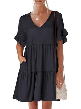 Anrabess Women's Deep Navy Blue Neck Ruffle Sleeve  Line Tiered Mini Flowy Dress
